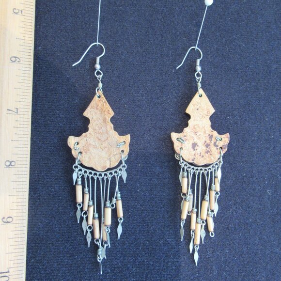 Vintage Coconut Shell & Porcupine Quill earrings w/ Silver tone, Circa 1980's, - Picture 2 of 4